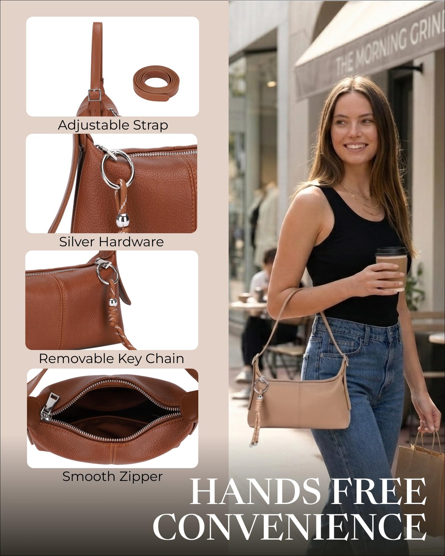 Small Shoulder Bag for Women - Crossbody Bag for Women, Mini Slouchy Shoulder Purse with Cute Keychain Charm & Adjustable Strap, Cognac