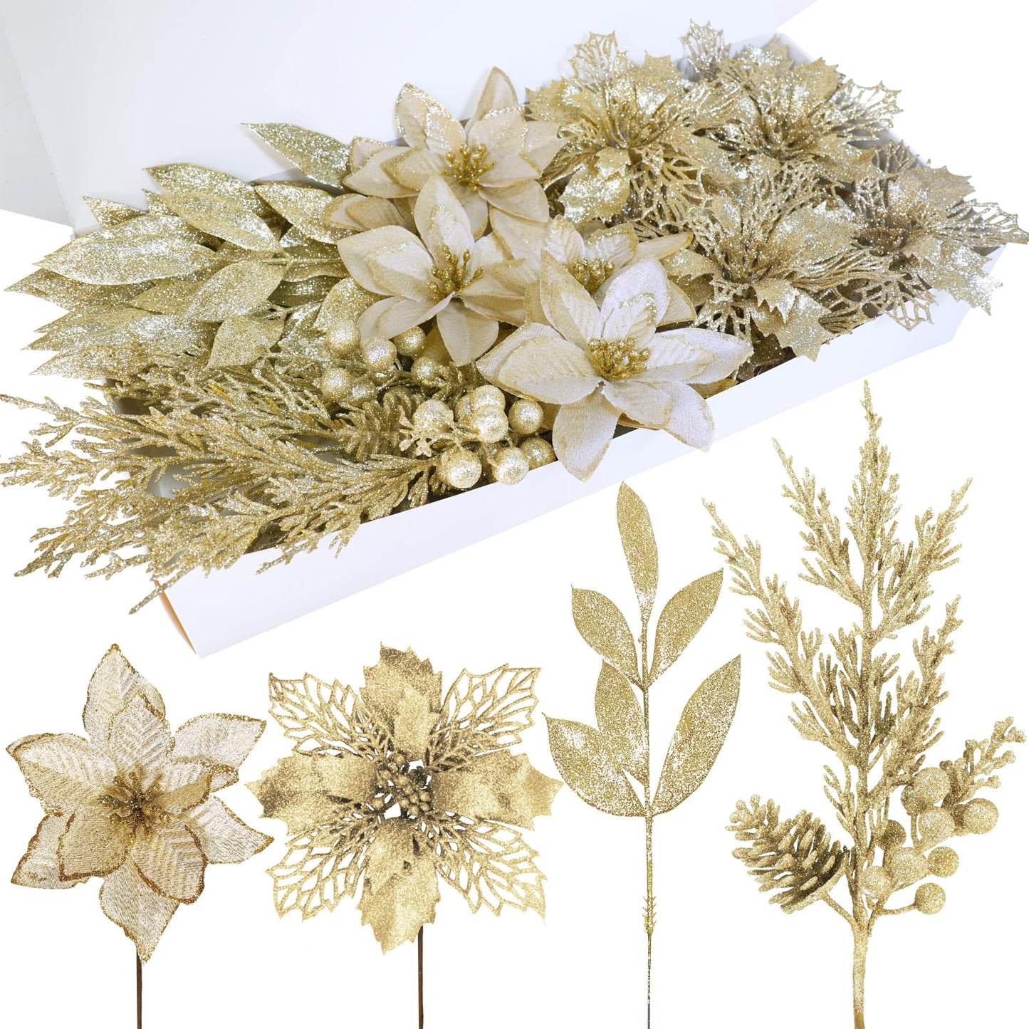 Winlyn 35 Pcs Christmas Artificial Poinsettia Flower Stems and Artificial Leaf Picks Champagne Glitter Christmas Floral Stems for Champagne Christmas Tree Decor DIY Wreath Holiday Floral Arrangement