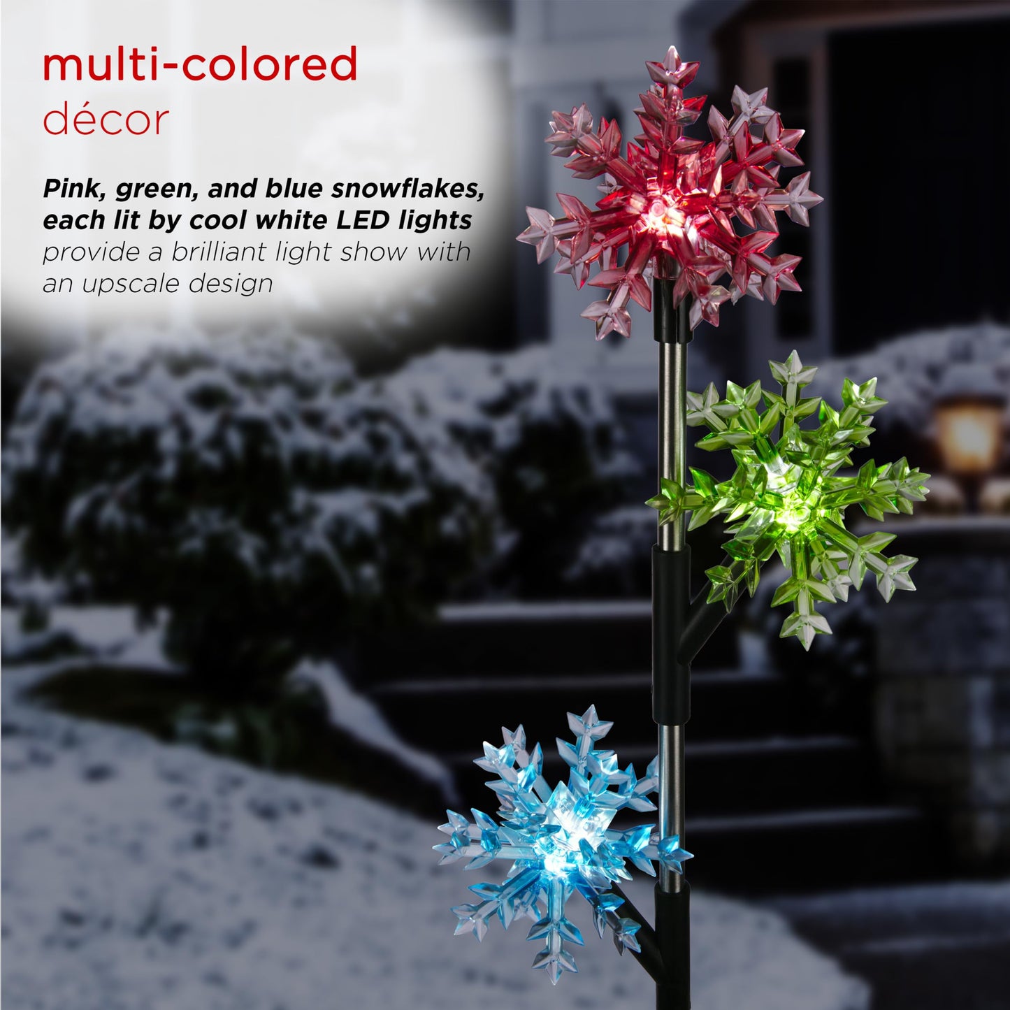 Alpine Corporation 32" Tall Outdoor Tiered Snowflake Garden Solar Stakes with 3 Cool White LED Lights - Set of 2 Christmas Decorations