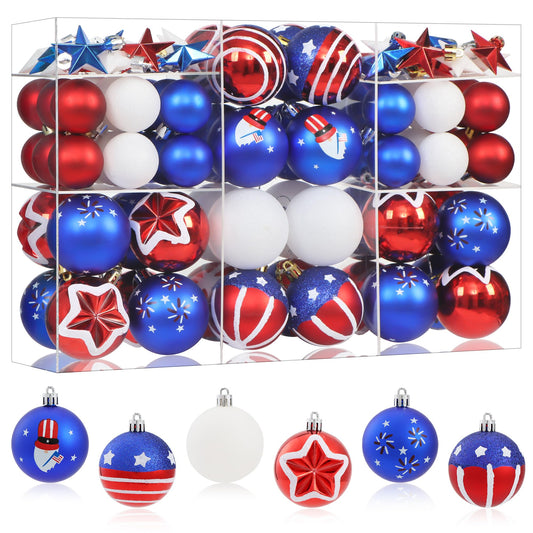 100Pcs 4th of July Tree Decorations Patriotic Ornaments, 2.36'' Memorial Day Red White Blue Ornaments and Star, Shatterproof American Hanging Ball Decor for Independence Day USA 250th Holiday
