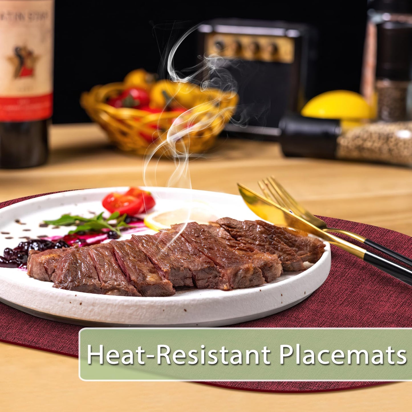 BARTHKIT Placemats for Dining Table Set of 6 Non-Slip, Heat Resistant Oval Leather Placemat Double Layer, Waterproof Table Mats Easy to Clean for Kitchen Dining Room Coffee Office Table, Wine Red