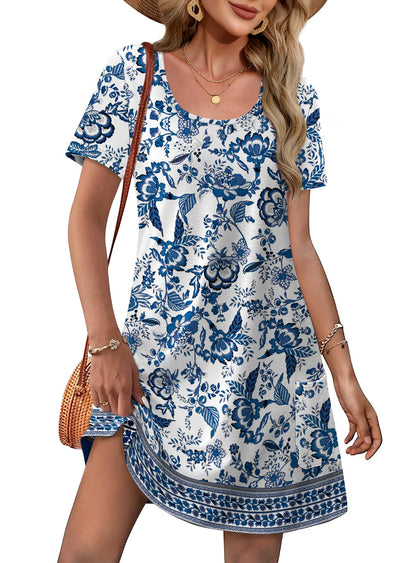 OFEEFAN Summer Floral Dresses for Women 2025 Beach Vacation Clothes Fashion U Neck Coverup Beach T Shirts Dress wih Pockets Casual Sundresses Floral 08 XL
