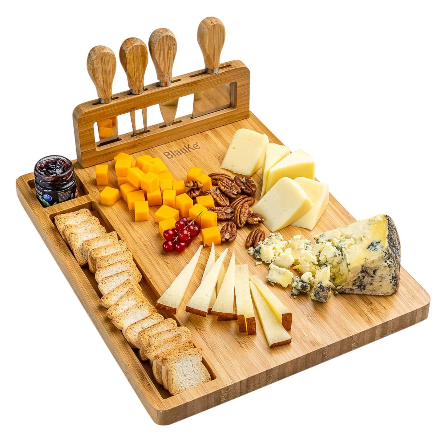 Bamboo Cheese Board and Knife Set 14x11 inch – Wood Cheese Cutting Board, Serving Tray Platter, Charcuterie Board Set with 4 Cheese Knives – BlauKe®