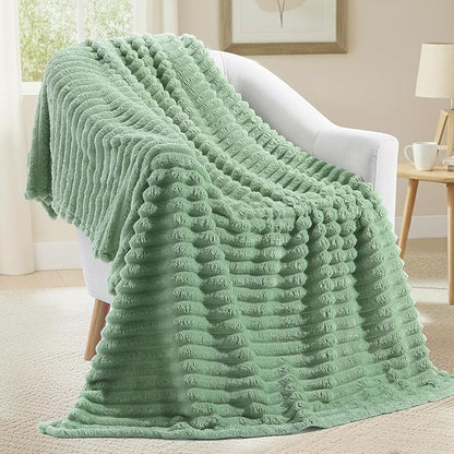 decorUhome Soft Fleece Sage Green Blanket King Size for Bed, Cozy Fluffy Plush Flannel Large Striped Throws for Couch Sofa, Lightweight Decorative Fuzzy Blanket for Woman, 108x90 Inches