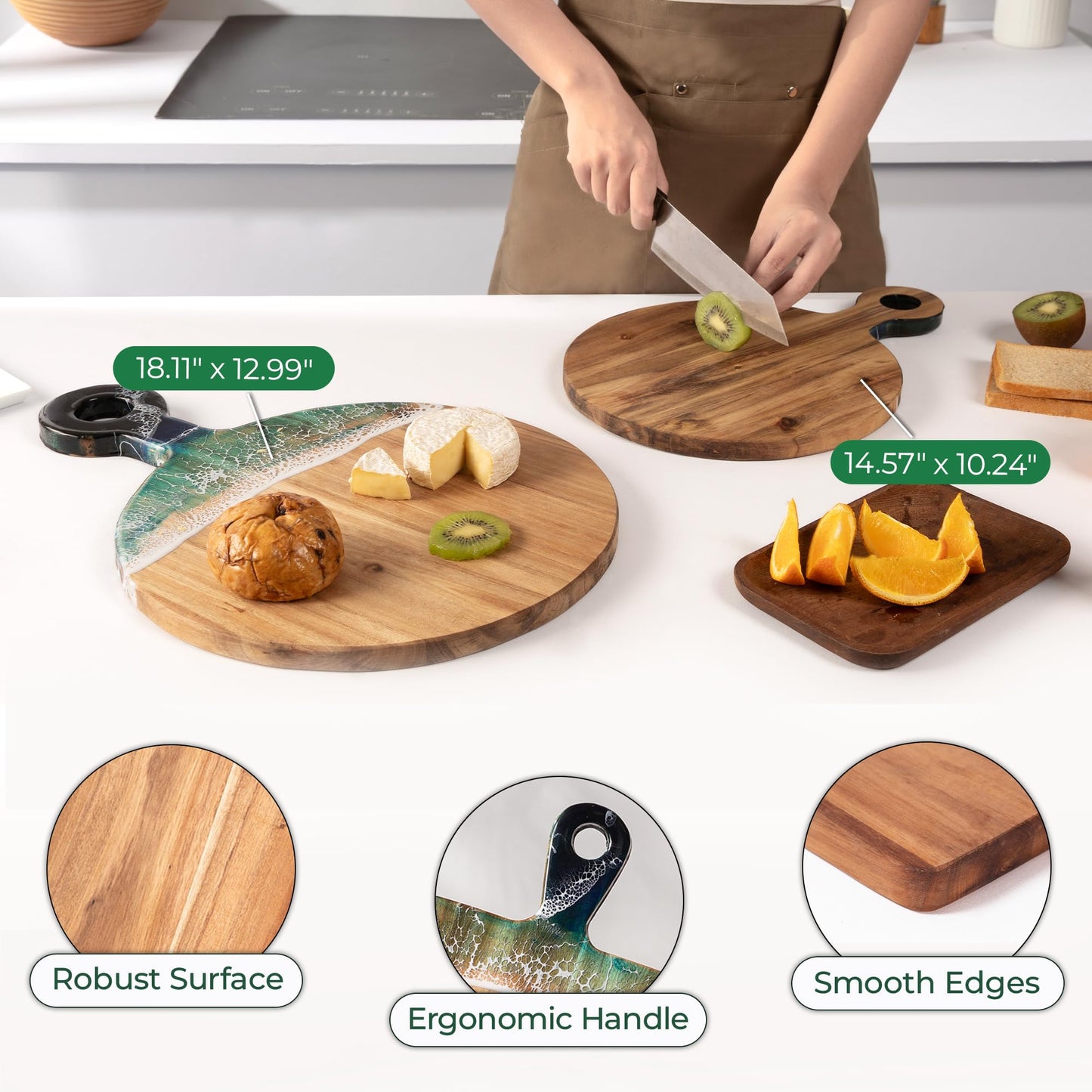 VWOOX Acacia Wood Serving Board with Ocean Resin Art, 18.1" x 13" Charcuterie Cheese Tray for Display & Prep, Cutting Board on Back, Includes Stand & Loofah, Christmas Housewarming Gift (Round)