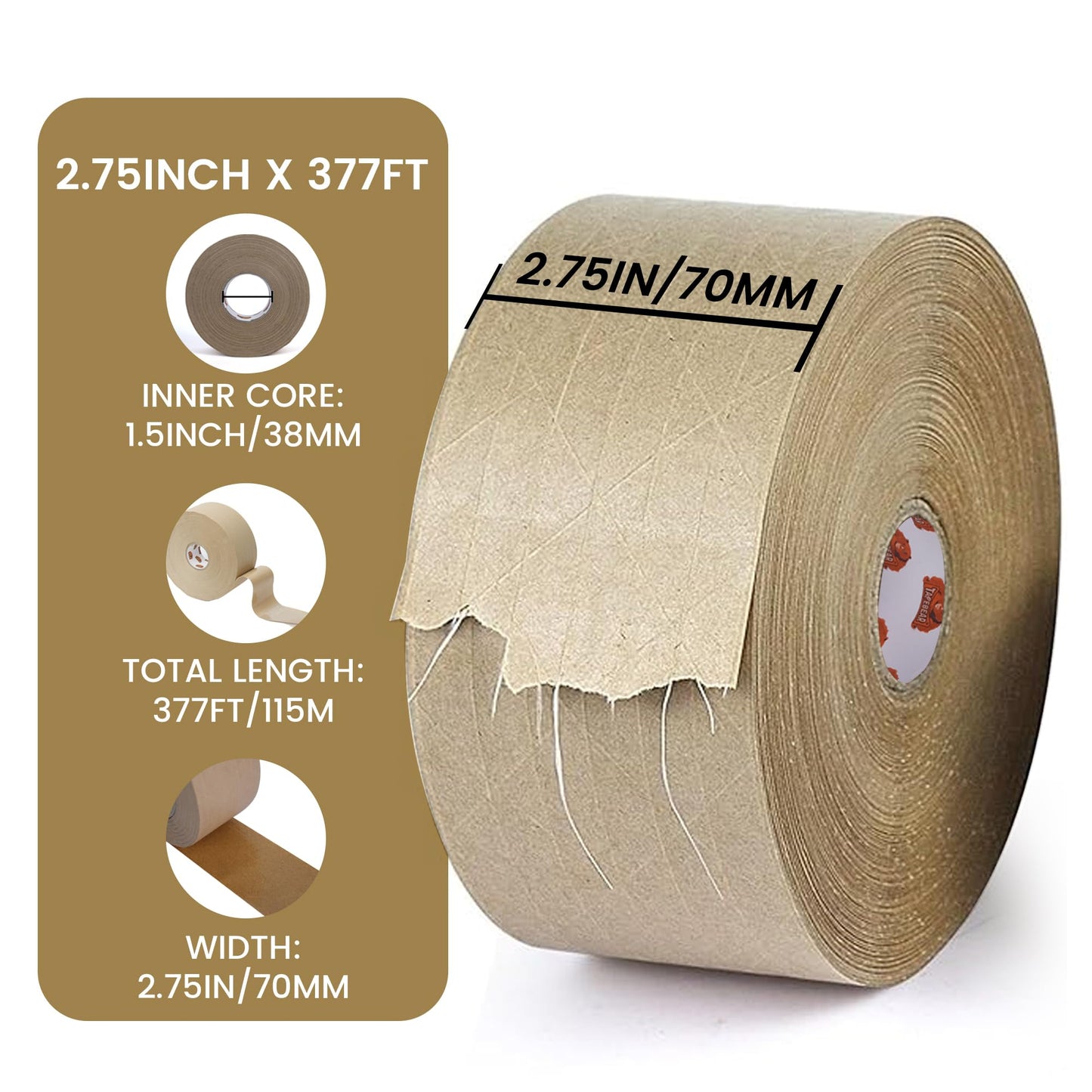 TAPEBEAR 1.5" Core Water Activated Tape, Fiber Reinforced Gummed Tape 2.75inch x 377ft, Eco-Friendly Kraft Paper Tape Biodegradable Brown Packing Tape for Security Sealing, Packaging, Shipping, 2Rolls