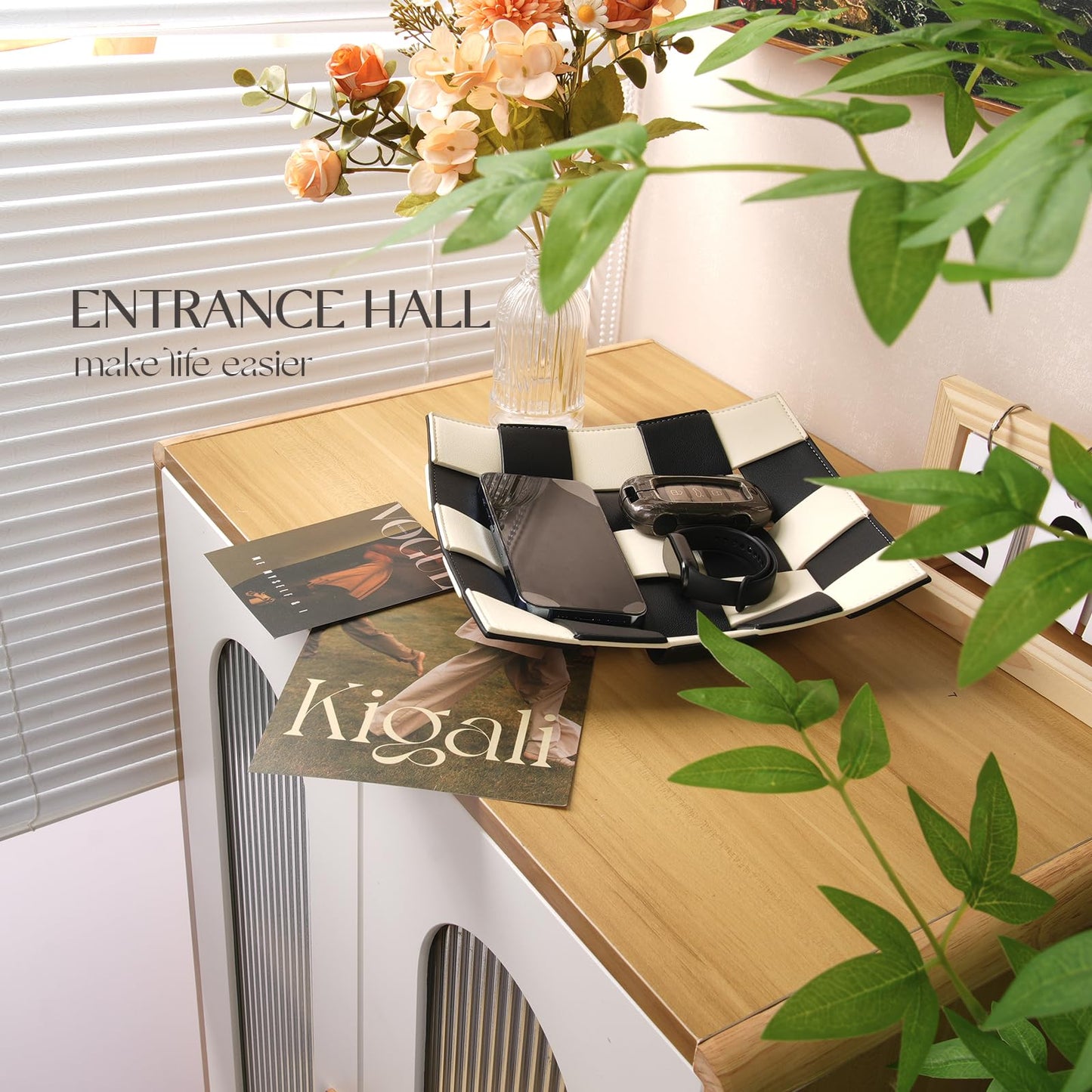 Valet Tray for Men Leather Key Tray for Entryway Table Bedside Nightstand, Desktop Organizer Catch-All for Wallet, Watch, Remote, Keys, Cell Phones, Checkerboard