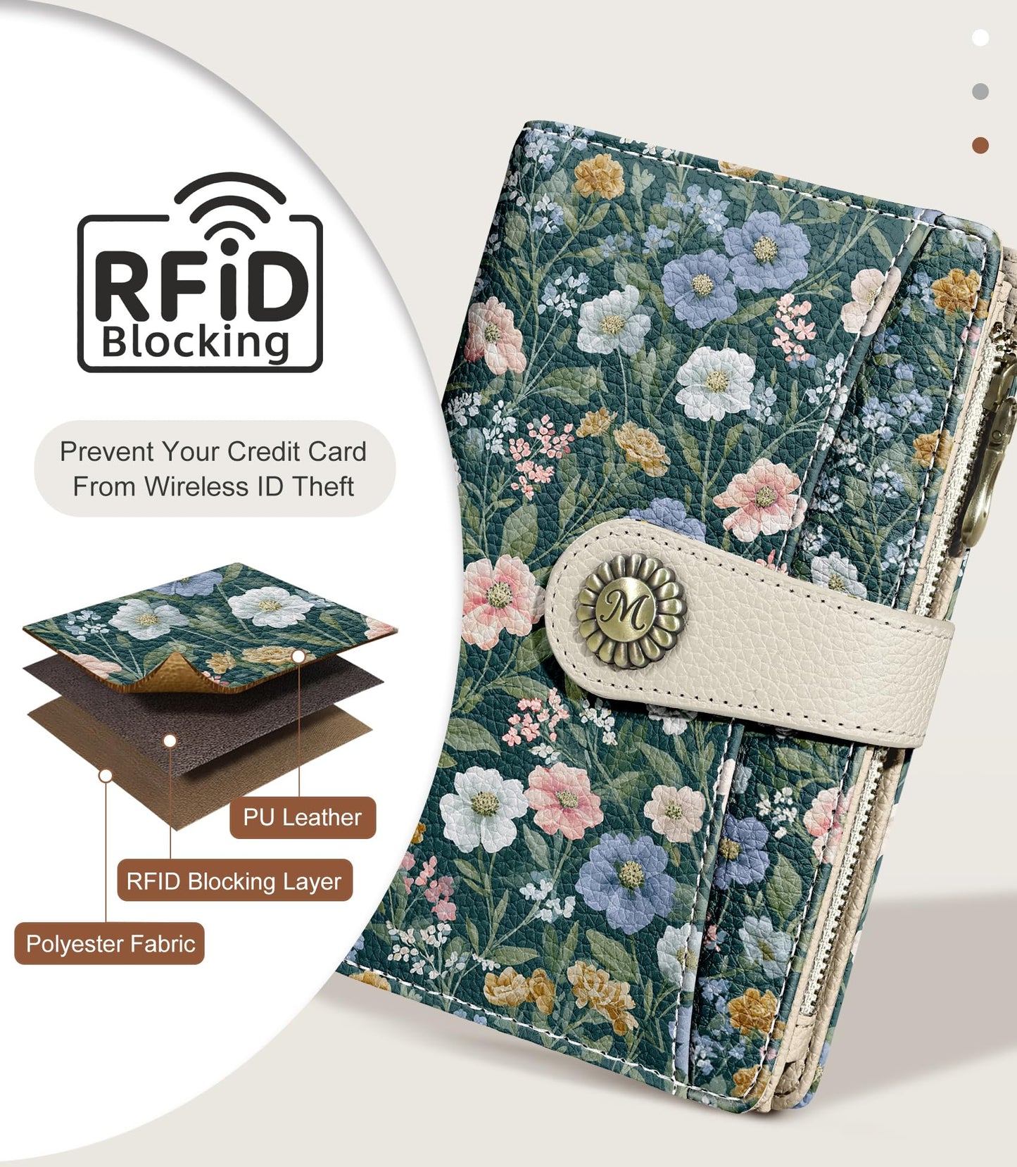 Flower Wallet Women RFID Blocking Bifold, Cute Passport Holder, Zipper Coin Pocket, Credit Card Holder, Travel billfold, PU Leather, Clutch, Cash Purse, Pen Holder, Gift for Woman Ladies Female Girls