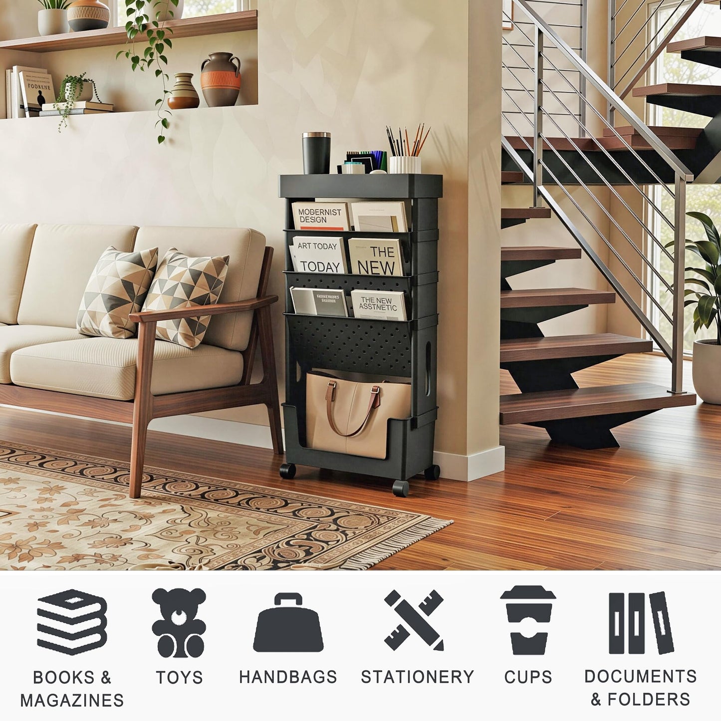 yeavs 5-Tier Mobile Bookshelf, Rolling Bookcase Book Storage Rack, Movable File Folder Organizer Cart with Wheels for Home Study Office Living Room Classroom, Black