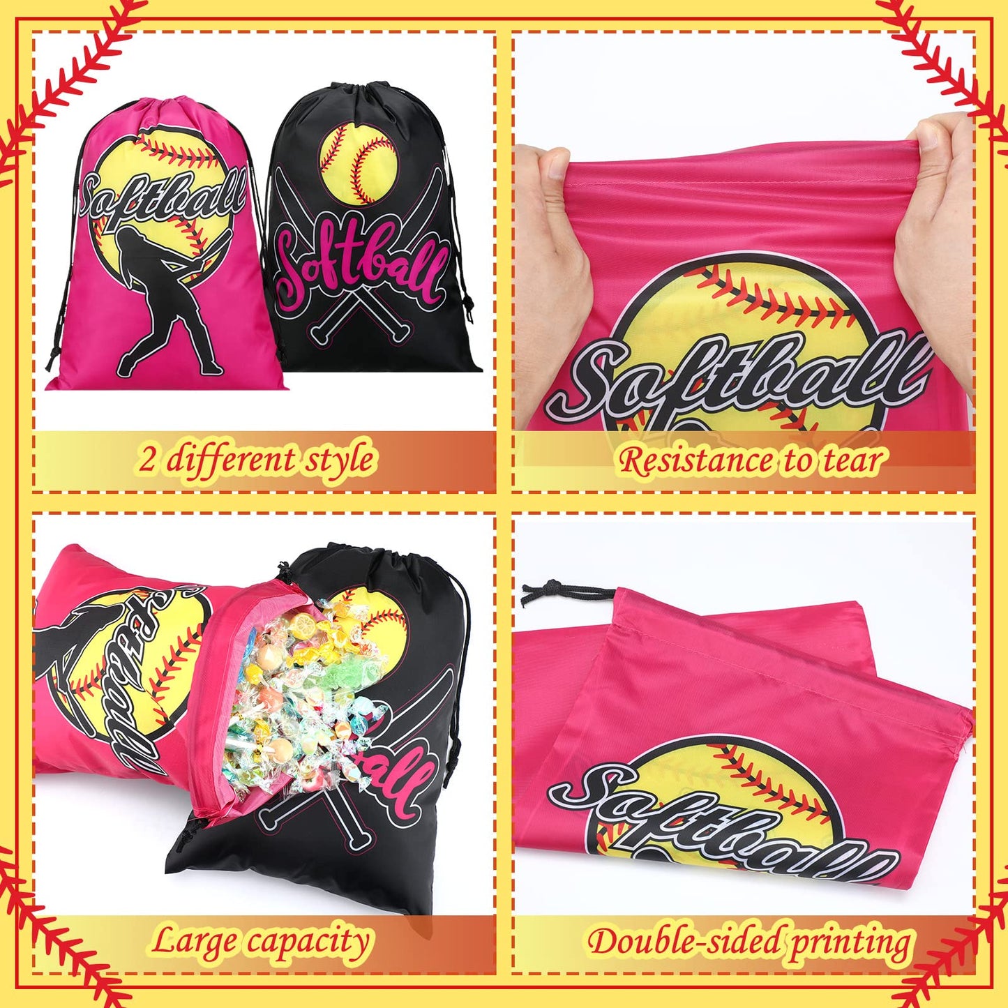 Kingdder 12 Pcs Softball Drawstring Party Favor Bags Softball Treat Bags Baseball Gift Bag for Baseball Party(Pink)