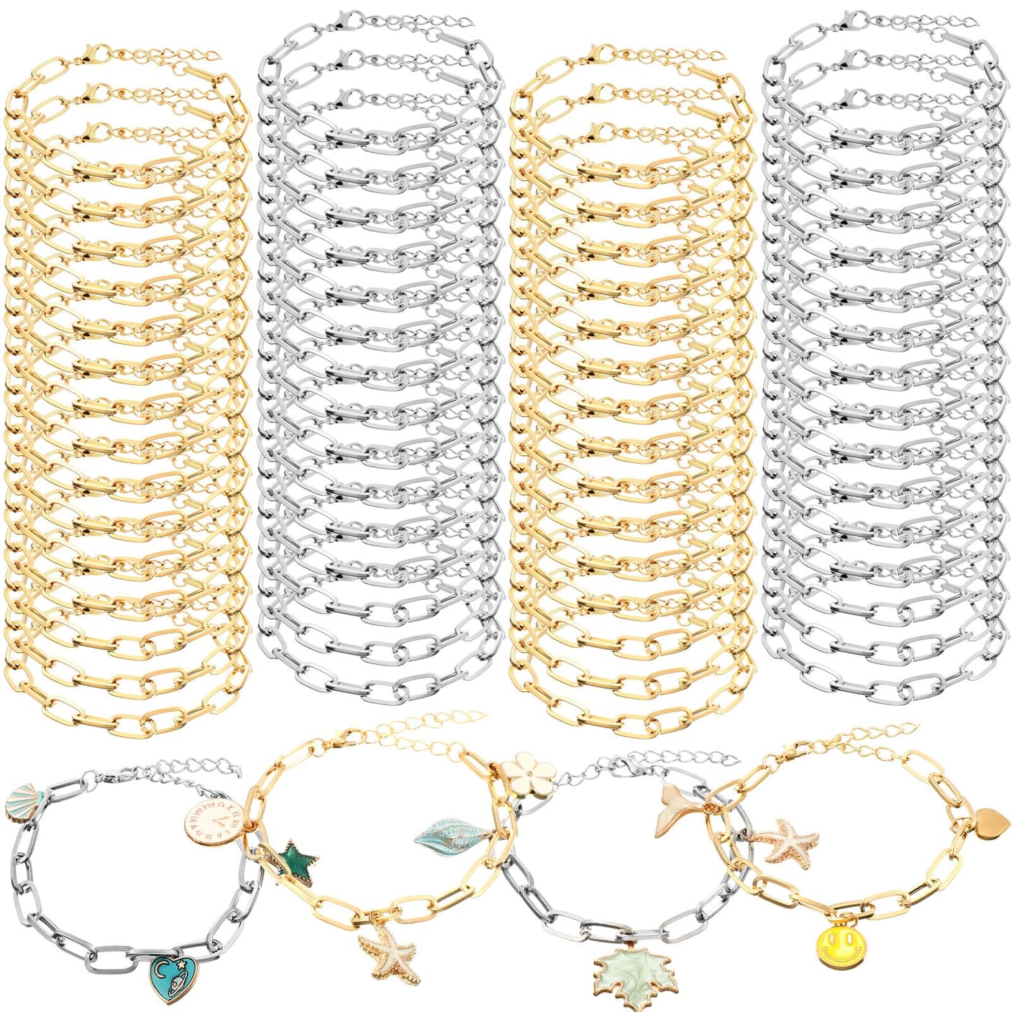 Quelay 60 Pcs Chain Bracelet Bulk Alloy Link with Lobster Clasps for Women DIY Jewelry Findings Bracelet Jewelry Making Supplies Accessories (Gold and Silver)