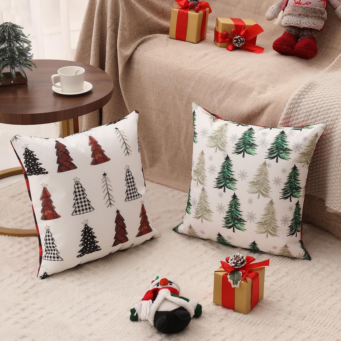 multiwins Double-Sided Print Christmas Pillow Covers 20"x 20" Set of 4, 8 Cute Christmas Patterns, Tree, Reindeer, Snowman, Joy, Let It Snow, Believe Etc, Perfect for Home Decor