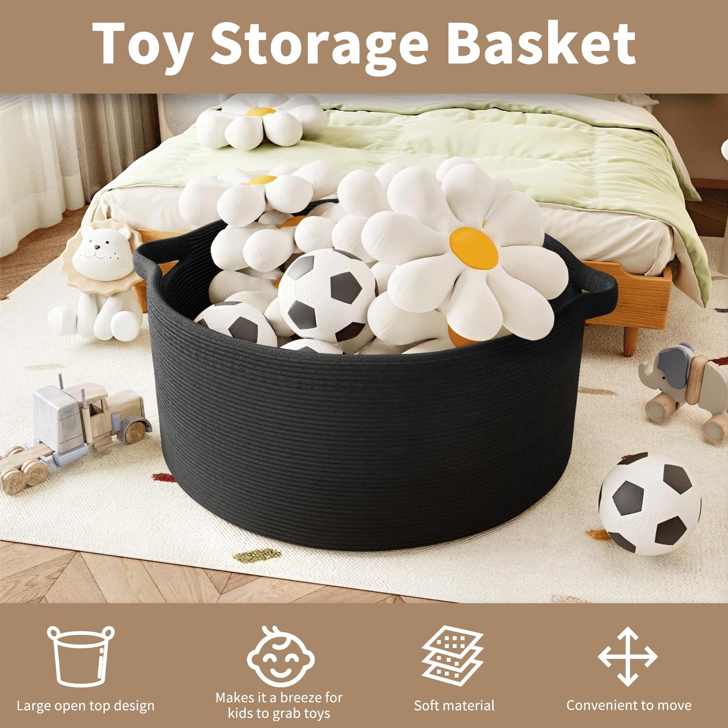 GOPAS 125L Extra Large Blanket Basket, 25" x 16", Jumbo Laundry Woven Baskets Decorative Home, Cotton Rope Basket with Handles, Baby Toy Baskets for Storage, Black