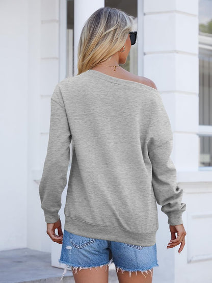 Bellcoco Womens Off the Shoulder Sweatshirt Long Sleeve Loose Pullover Tops Oversized Sweatshirts Trendy Spring Outfits Light Grey M