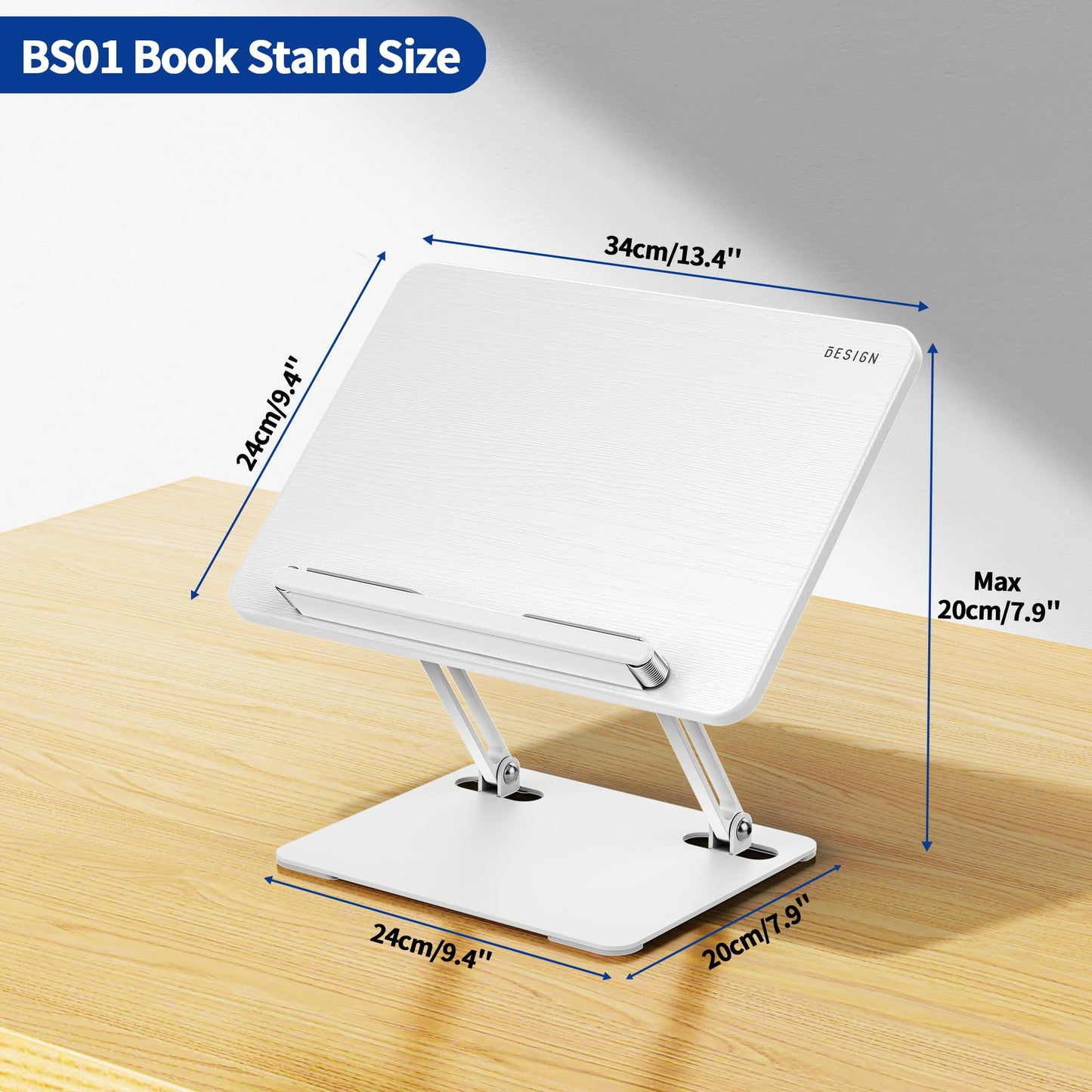 BESIGN BS01 Book Stand for Reading, Adjustable Book Holder, Ergonomic Laptop Stand with Elastic Page Clips for Music Scores, Recipe, Tablet, Laptop (White)