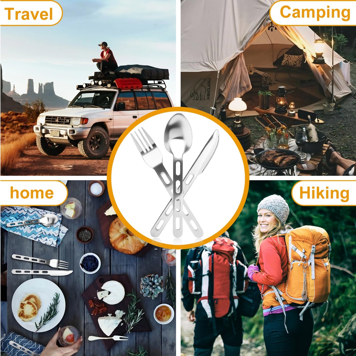 Rxsdfdi Travel Utensils, Durable Stainless Steel Camping Utensil Set, Reusable 3-Piece Travel Cutlery Set, Easy to Carry & Practical Camping Utensils for Traveling Picnic Hiking