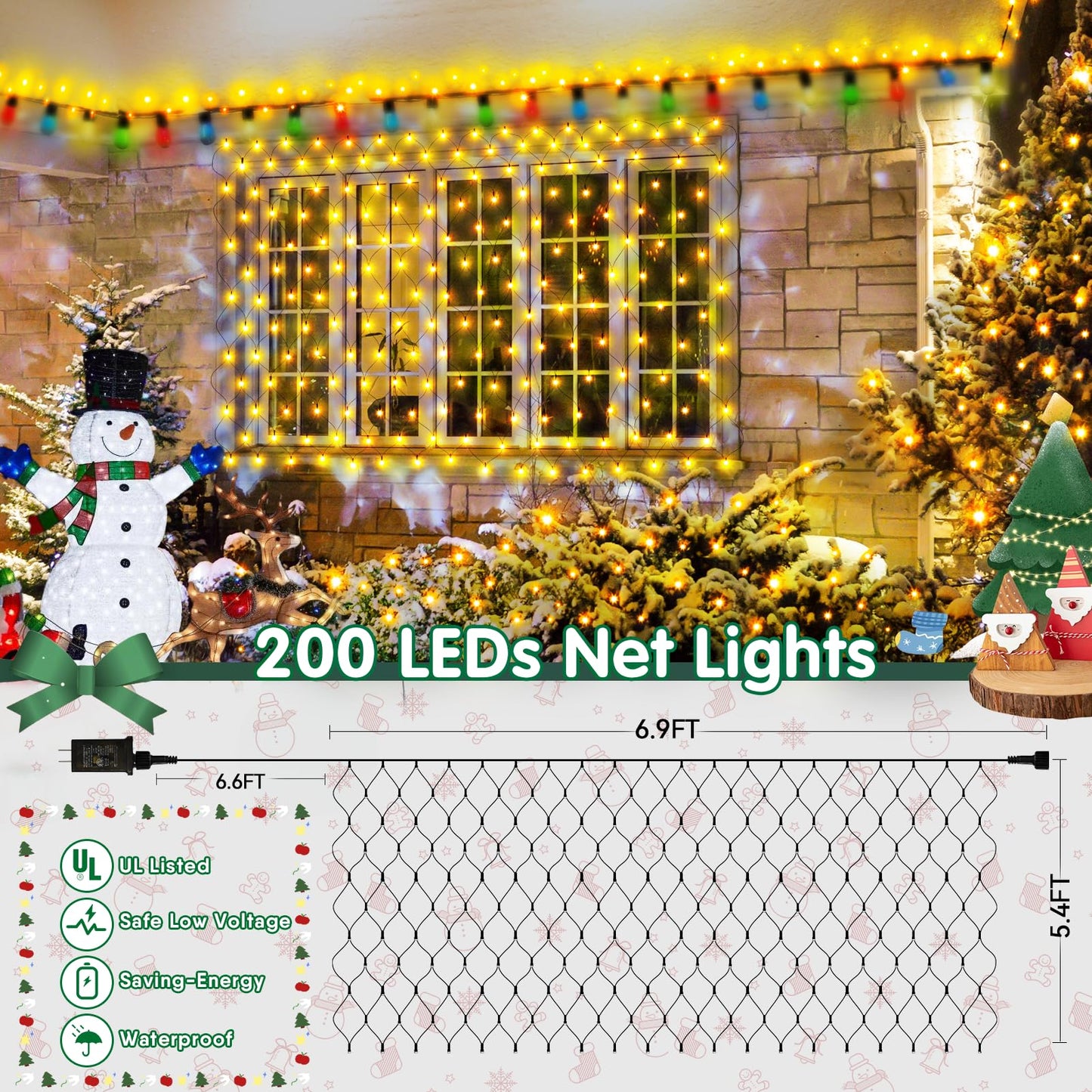 Hezbjiti Christmas Net Lights Outdoor 200 LED 6.9FT x 5.4FT Green Wire with 8 Modes, Connectable Plug in Waterproof, Timer Memory Function for Xmas Tree Bushes Porch Lawn Windows Decor（Warm White）