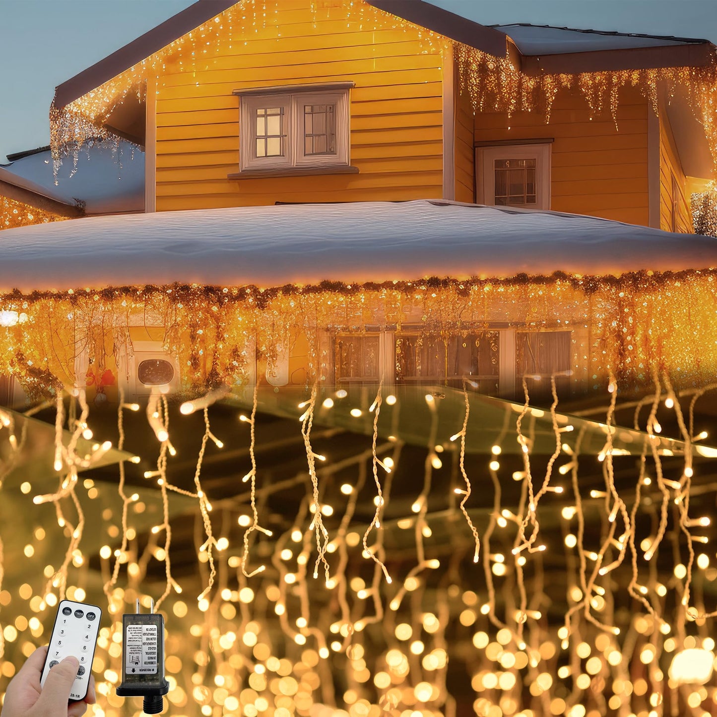 YOLIGHT Icicle Lights Outdoor, 16.5ft 192 LED Christmas Lights With Remote Control, 8 Modes Twinkle Curtain for Garden Bedroom Roof Wedding Party Halloween Decoration (Warm White)