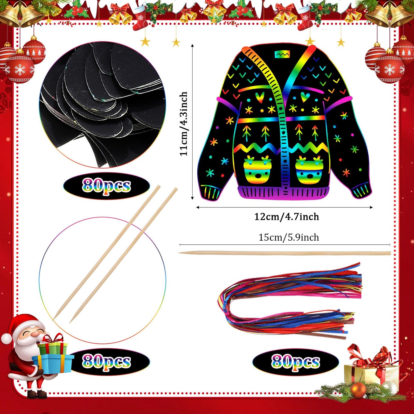 Hollowfly 80 Pcs Ugly Sweater Scratch Cards Christmas Party Favors Rainbow Christmas Tree Ornament Scratch Paper Xmas Crafts for Winter Xmas Home Classroom DIY Activities