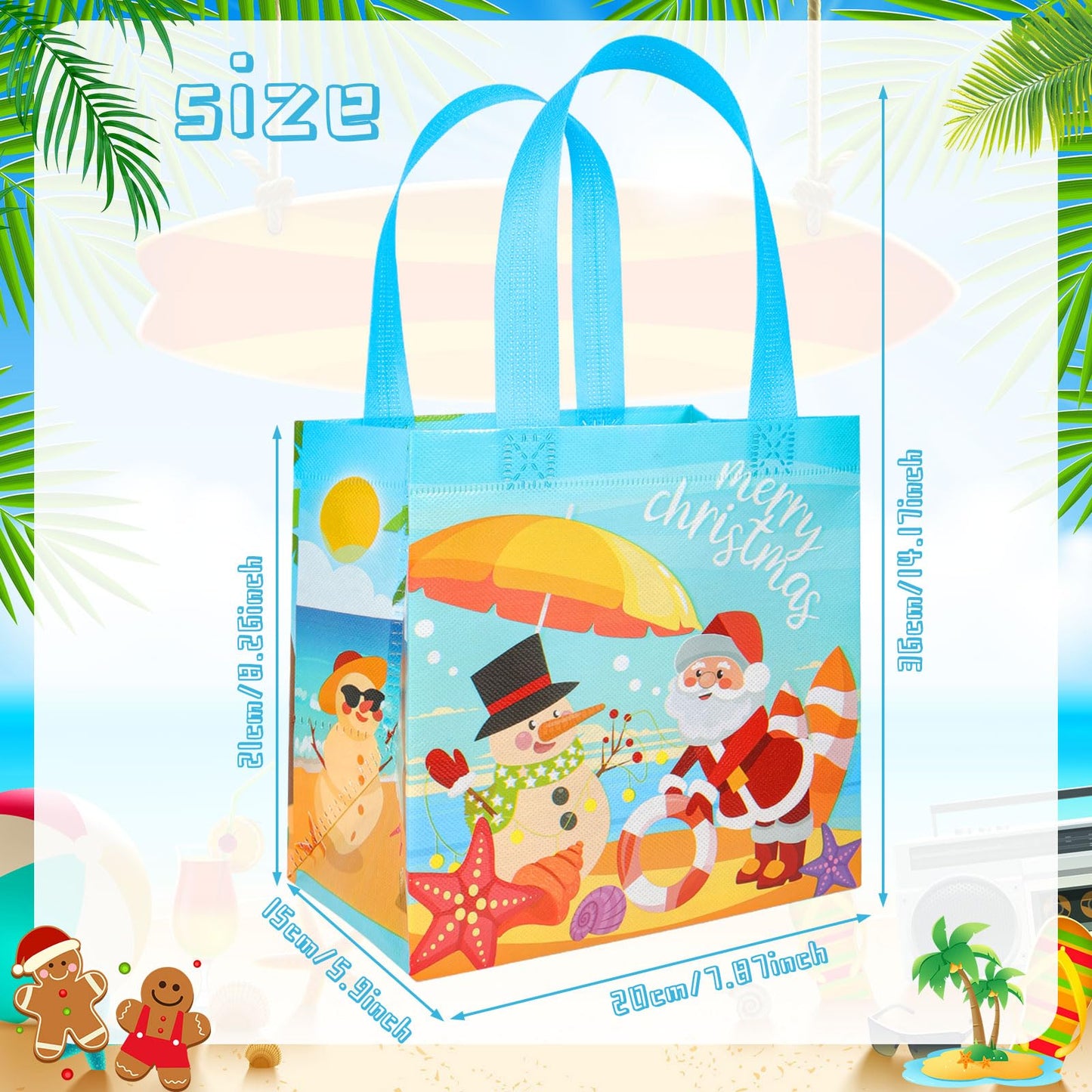 HOWAF 12 PCS Summer Christmas Decorations Gift Bags, Tropical Christmas Non-Woven Tote Bags with Handle Decoration, Beach Santa Goodie Bag for Hawaii Mele Kalikimaka Treat Bag