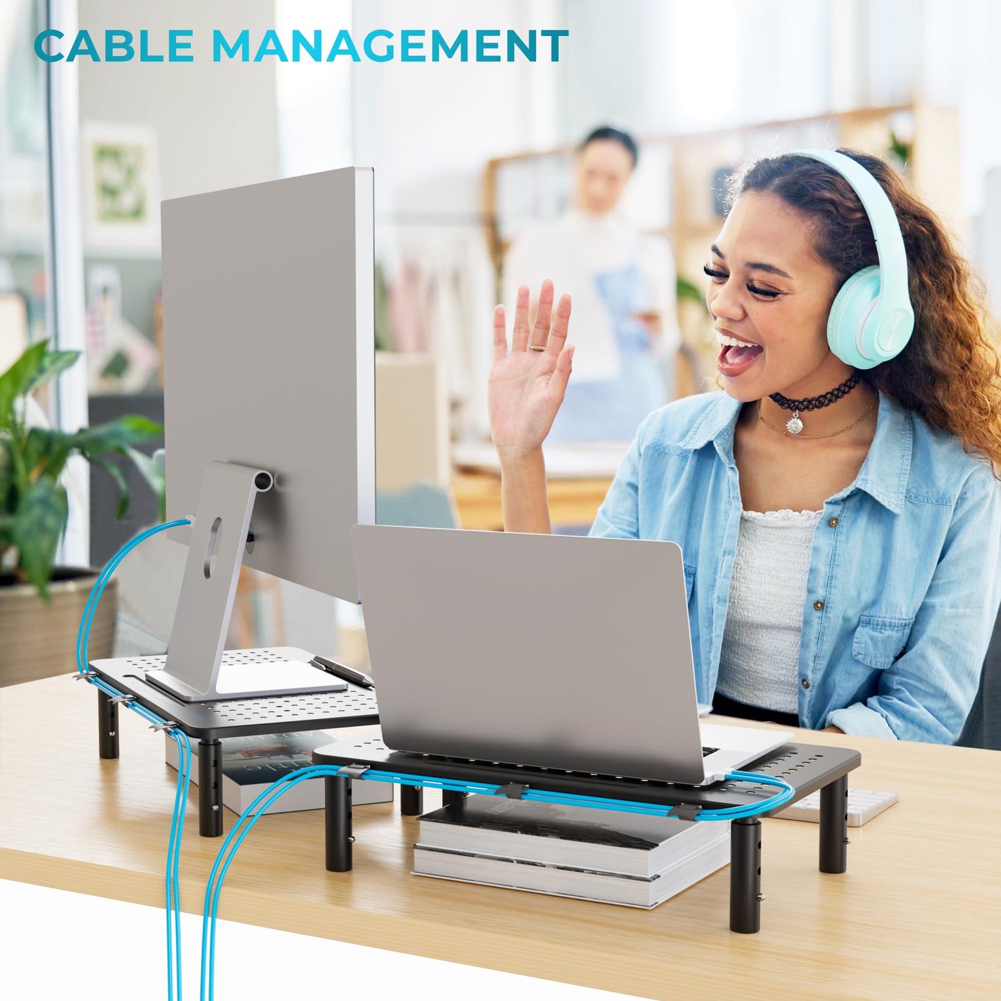 BONTEC Monitor Stand 2 Pack Height Adjustable Metal Riser with Pen Holder, Black, 14.5” x 9.1”, Ergonomic Desktop Stand for Computer, Printer, Laptop, Adjustable Desk Riser with Cable Management