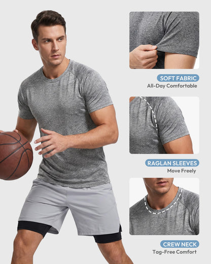 MCPORO Workout Shirts for Men Short Sleeve Quick Dry Athletic Gym Active T Shirt Moisture Wicking 5 Pack Black, Dark Blue, Army Green, Light Grey, Hydro Teal X-Large