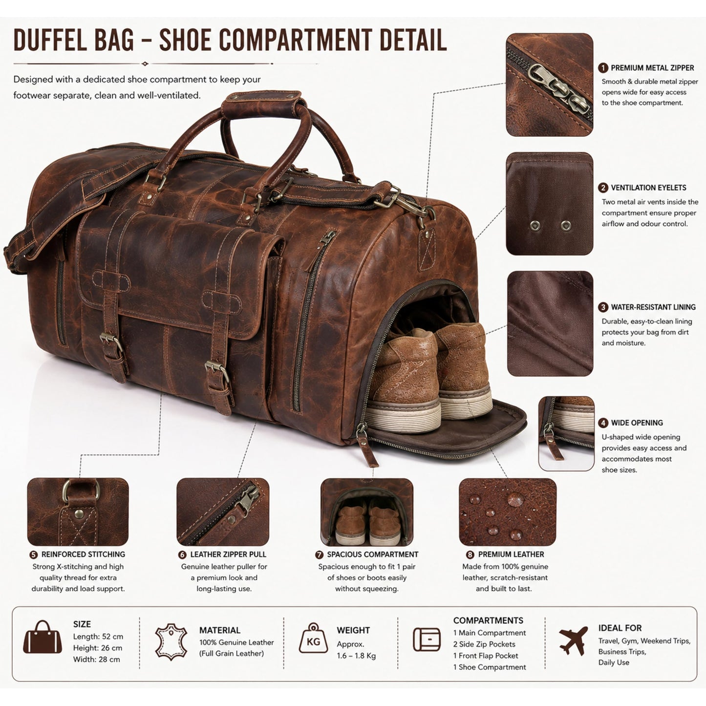 28" Large leather Travel Bag Duffel bag Gym sports flight cabin bag Leather Holdall Overnight Weekend Large luggage bag (28 inch)