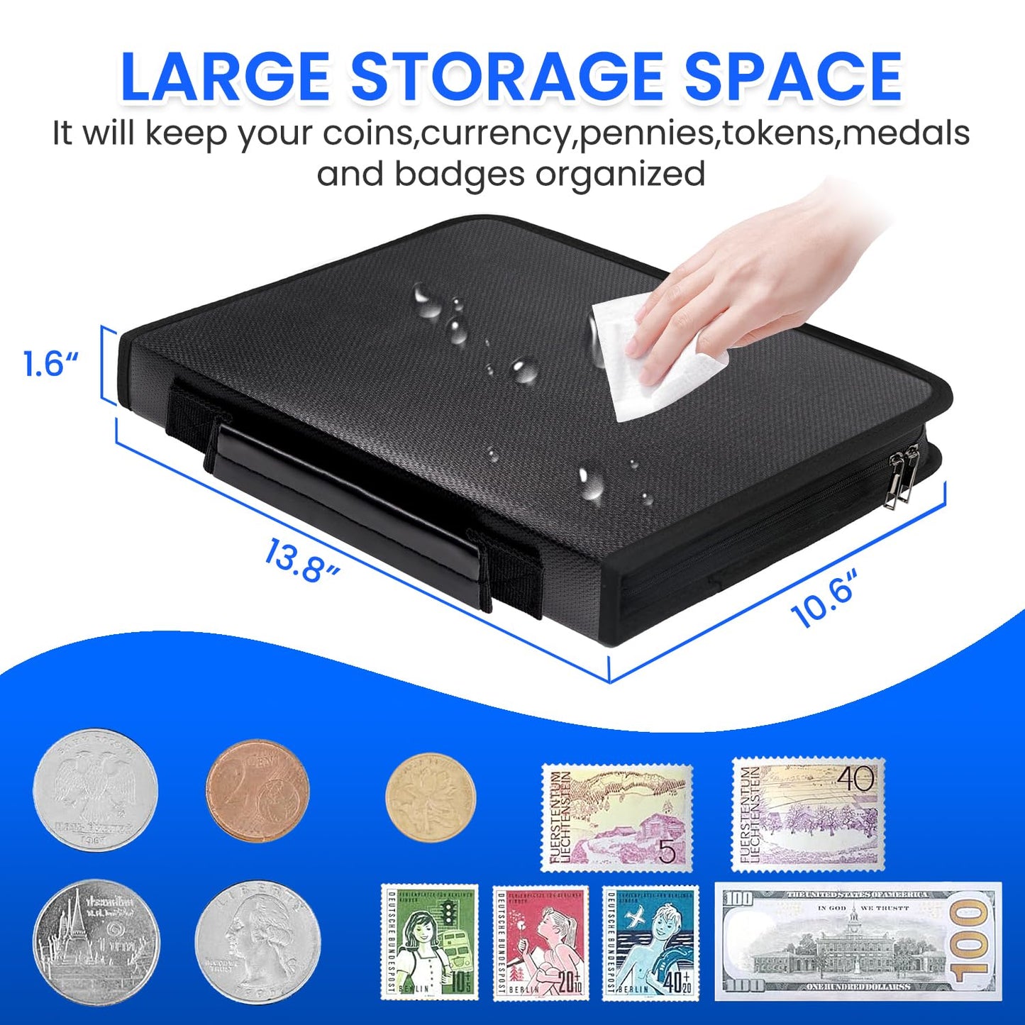 Coin Collection Supplies Holder for Collectors with Handle, Fireproof 400 Pockets Coin Collection Book & 36 Paper Money Organizer Binder for Coin Currency Collection Supplies,Pennies (Black)