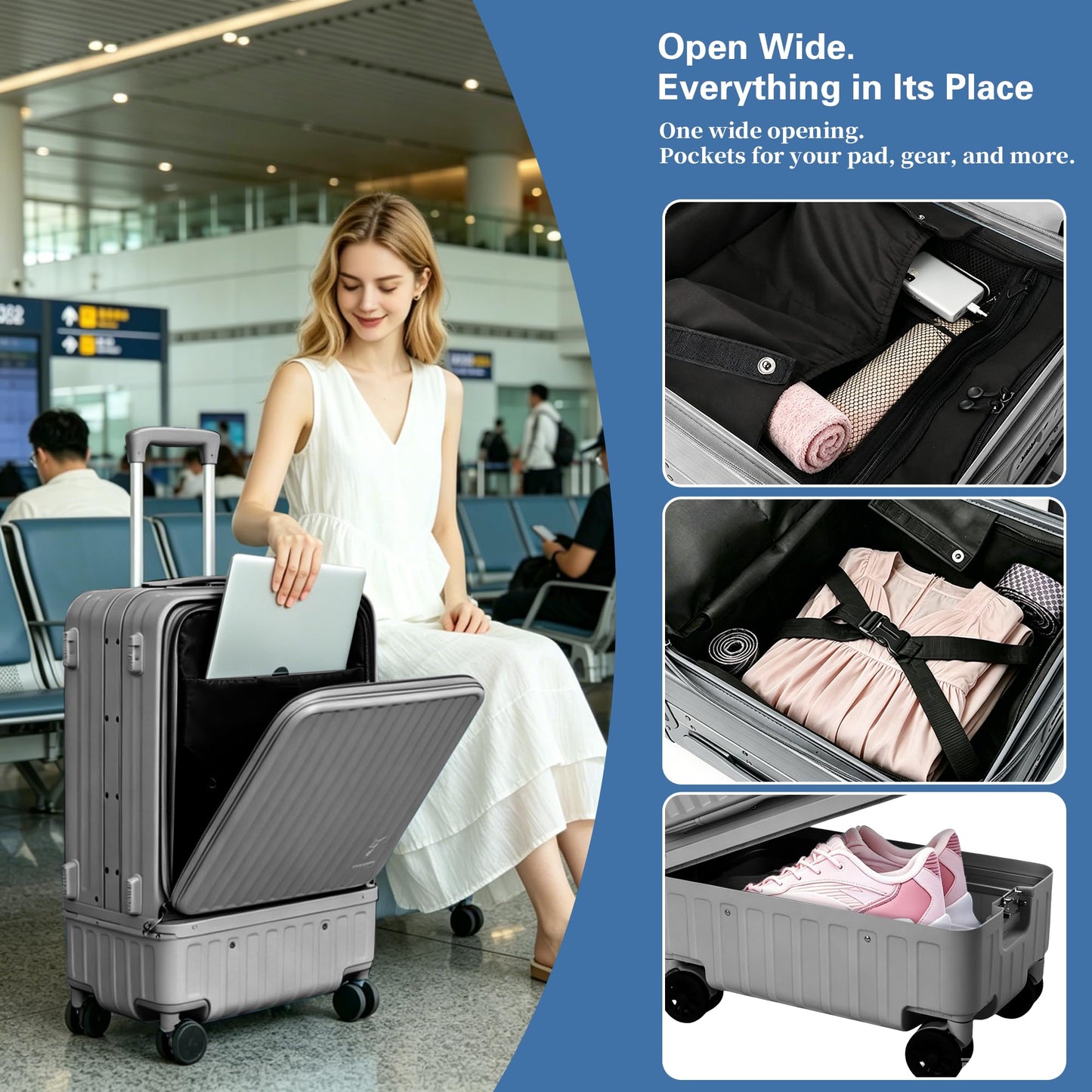 Solaraft Carry On Luggage with Shoe Compartment, 22x14x9 Airline Approved Lightweight Duffle Suitcase Wet Dry Separation, 20 Inch Spinner for Gym Swim Beach Weekend Sports Travel Men Women (Grey)