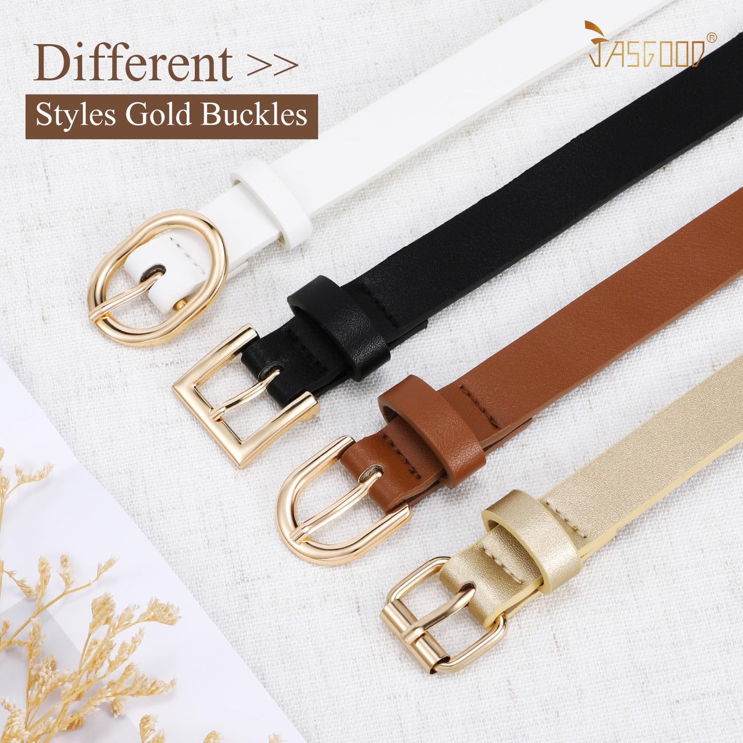 JASGOOD 4 Pack Women Skinny Leather Belt for Dresses with Gold Buckle Ladies Thin Waist Belt for Jeans Pants，Brown+Black+Gold+White