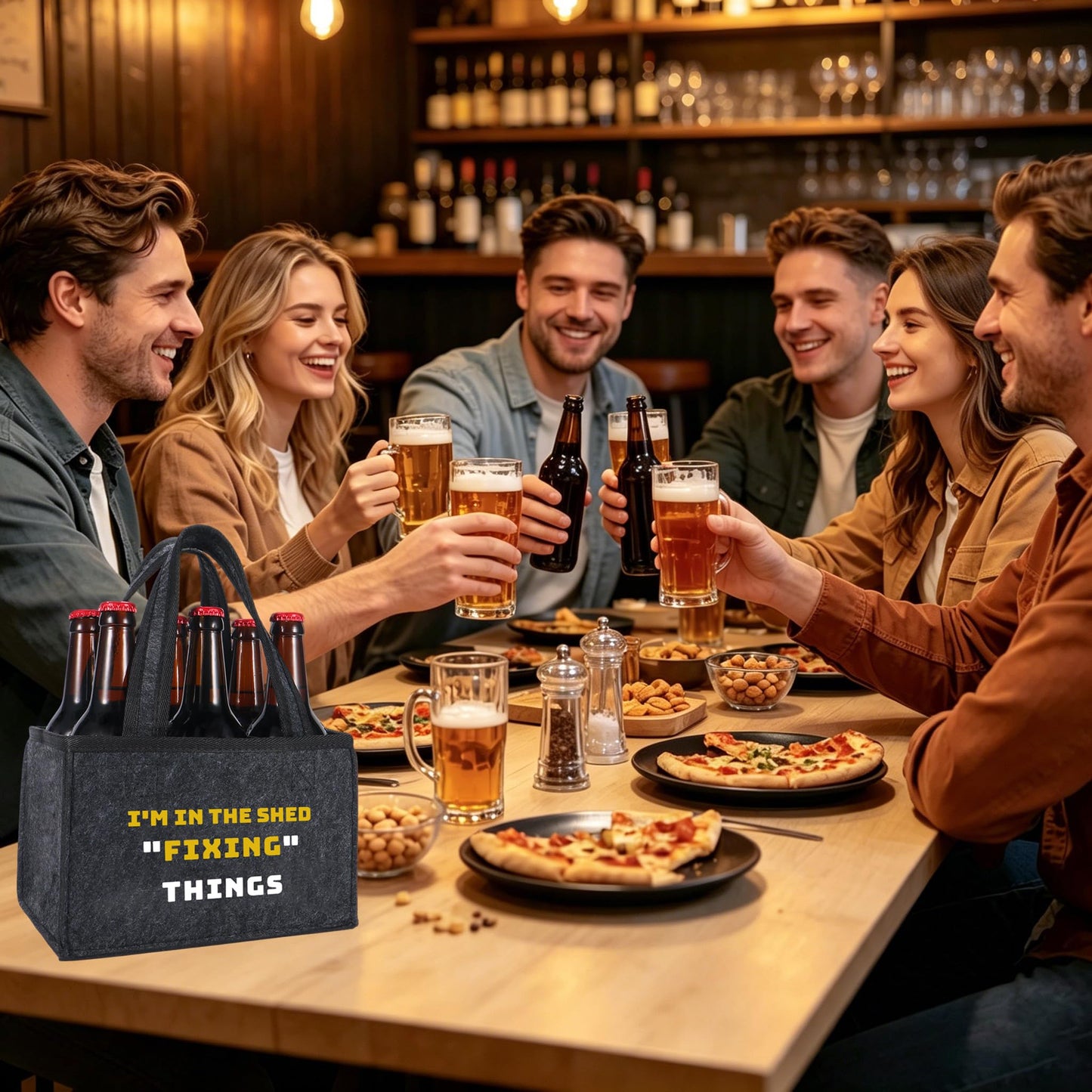 Felt Bottle Carrier for Men, Funny Garage Man Cave Gift, Birthday Gift for Dad, Husband, Boyfriend, Beer Lover, Backyard BBQ & Party Drink Carrier, 6-Bottle Beer Tote with Handle