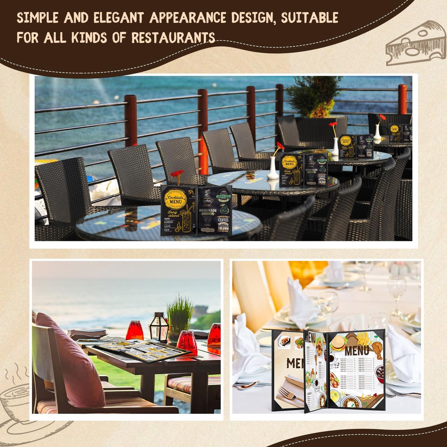 Skyygemm 10 Pcs Leather Menu Covers Holders for 8.5 x 11 Inches, Waterproof Four View Leather Dinner Menu Holder Covers for Restaurant, Hotel, Bar