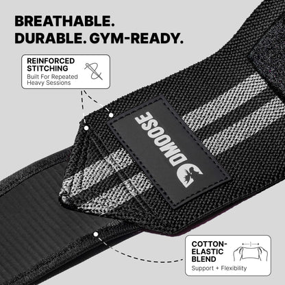 DMoose Fitness Elbow Wraps for Weightlifting (Pair) - 40'' Adjustable Elbow Strap for Gym Workout & Bench Press, Compression Elbow Wraps for Tendonitis & Joint Support, Elbow Sleeve (White Stripes)