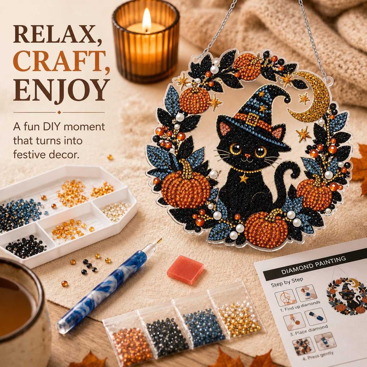 DIY Diamond Art Painting Wreath Kits，Special Shaped Rhinestone Hanging Ornament Diamond Art Window Pendants for Gift Home Garden Wall Hanging Kits,Double Sided (Halloween Black Cat)