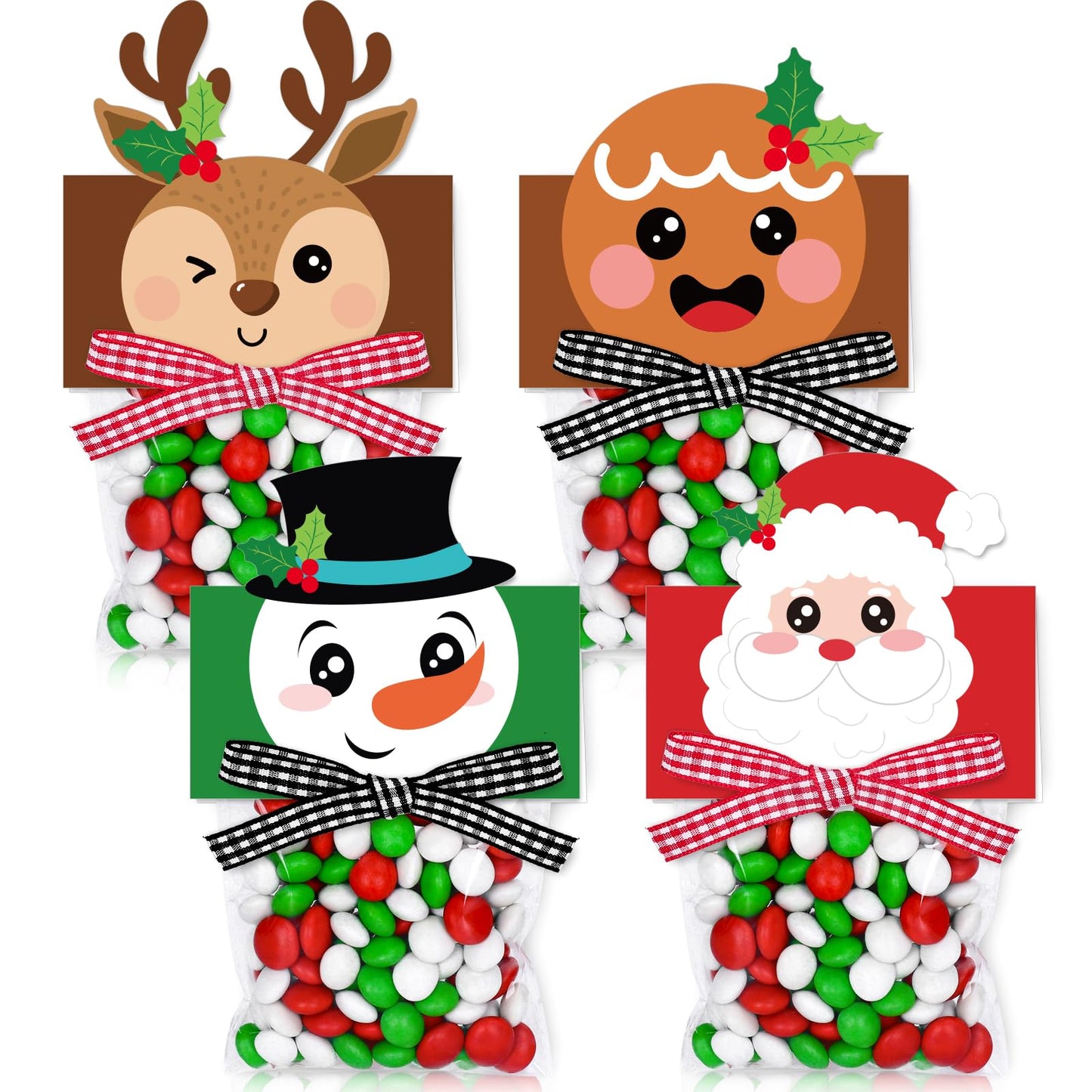 Whaline 180 Pcs Christmas Self-Adhesive Goody Bag with Topper Bow Snowman Santa Elk Gingerbread Candy Cello Bag Plastic Xmas Favor Treat Bag for Winter Party Wrapping