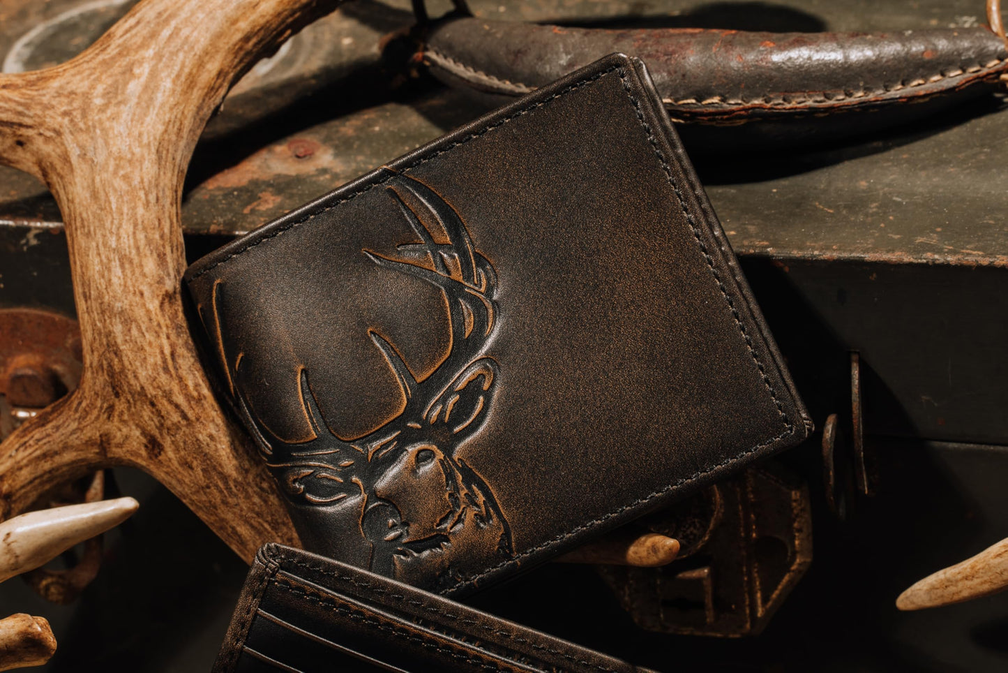 House of Jack Co. Deer Men's Classic Bifold Wallet, Full Grain Leather Hunting Wallet, 8 Card Slots, Camo Lining, Embossed Whitetail Deer, Hunter Gift for Men, Black