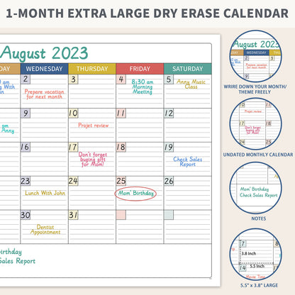 Large Dry Erase Calendar for Wall - Undated Dry Erase Calendar, Erasable Laminated Calendar for Wall with 8 Round Stickers, 40" x 28", Monthly Calendar for Office, Home, Classroom - Colorful