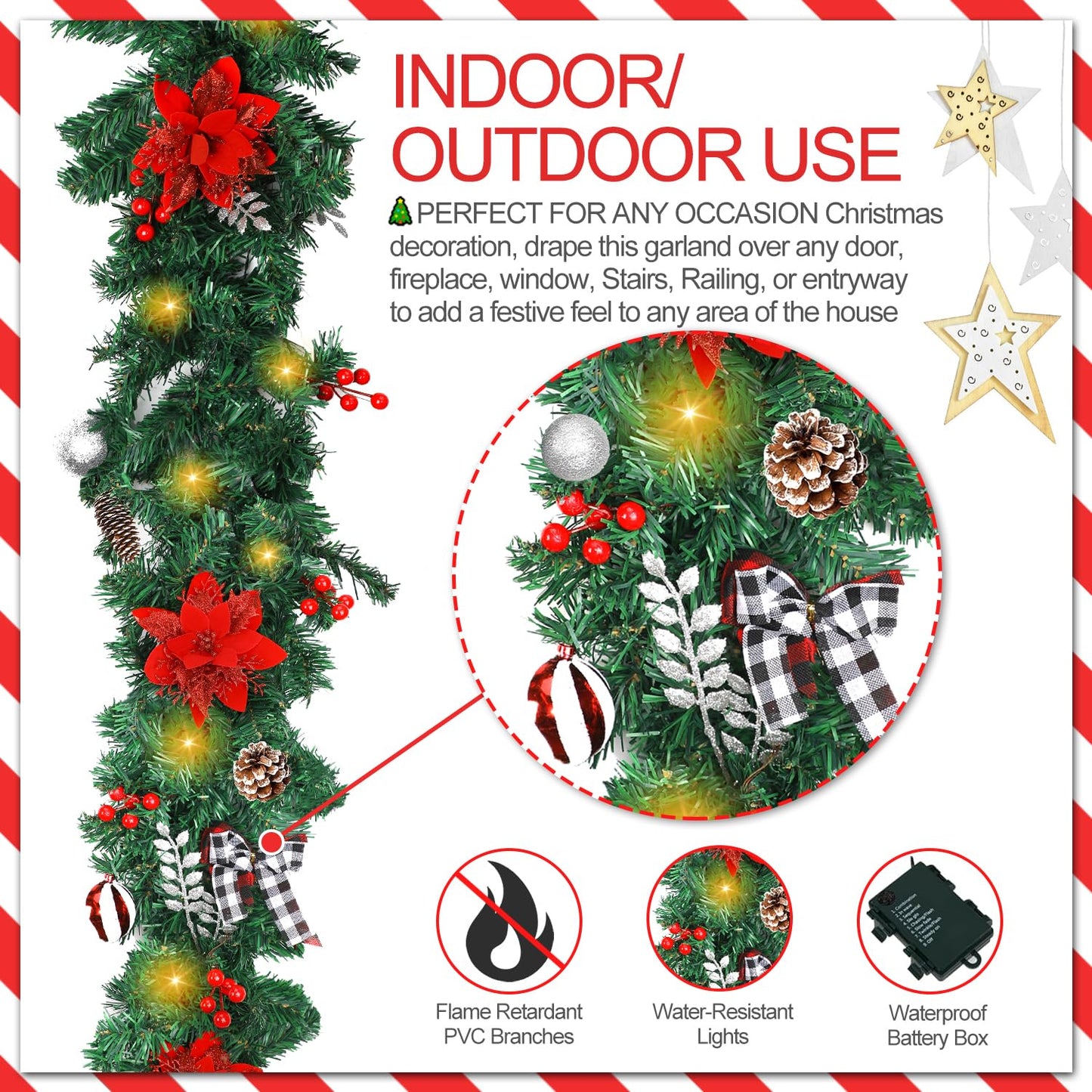 Christmas Garland with Lights,Pre-lit 9ft Christmas Decorations with 50 LED Lights,with Waterproof Battery Box,Indoor&Outdoor Use,for Stairs Fireplace Front Door Porch Home (Battery NOT Include)