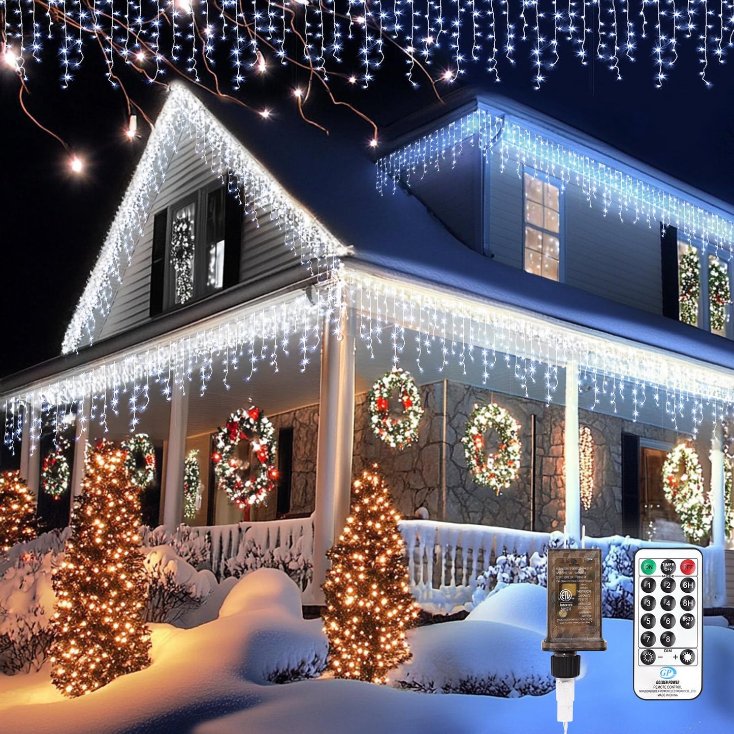 TOPPORTED Icicle LED Christmas Lights Outdoor, 624 LED 59FT 8 Modes with 96 Drops Cool White Icicle Lights,Outdoor Indoor Fairy String Lights for Christmas Party,Holiday,Wedding Decorations