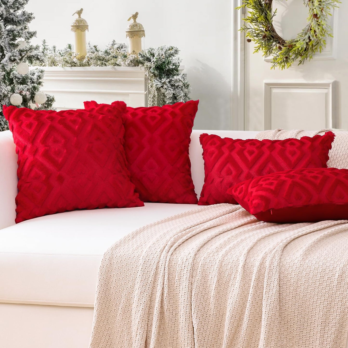 Artscope Pack of 2 Soft Plush Short Wool Velvet Decorative Throw Pillow Covers Luxury Style Cushion Covers Christmas Pillow Shell for Sofa Bedroom Diamond Shape Red, 16x24 Inch