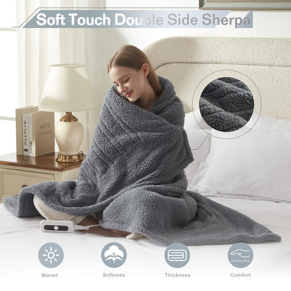 Heated Throw Blanket Double Sided Sherpa, Soft Heating Electric Blanket for Bed, Automatic Safety System, 6 Heating Levels & 4 Hours Auto-Off, 50"x60" Arctic Grey