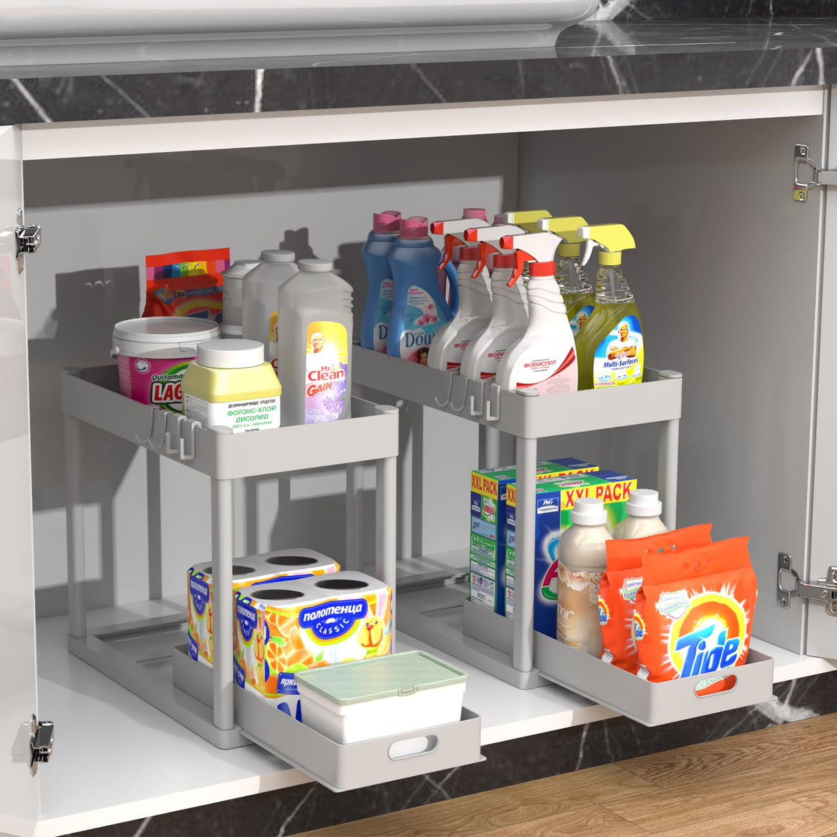 2PC Under Sink Organizer Rack 2 Tier Under Sliding Cabinet Basket Organizer Drawer with 4 Hooks, Multi-purpose Under Sink Storage for Bathroom Kitchen Desktop（Black）