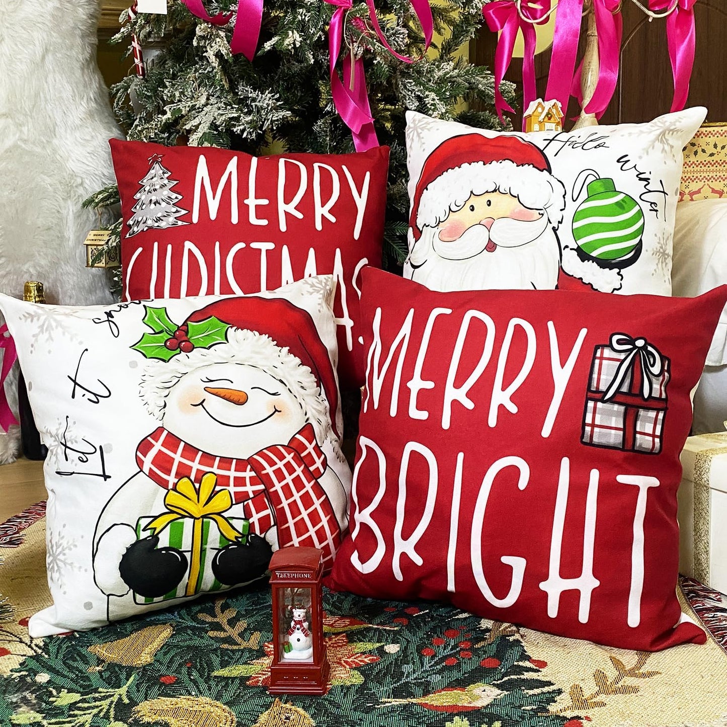 RidaaFri Christmas Pillow Covers 18x18 Inch Set of 4 Merry Christmas Red Throw Pillow Cases Winter Holiday Cushion Case Snowman Santa Claus Xmas Decorations for Home