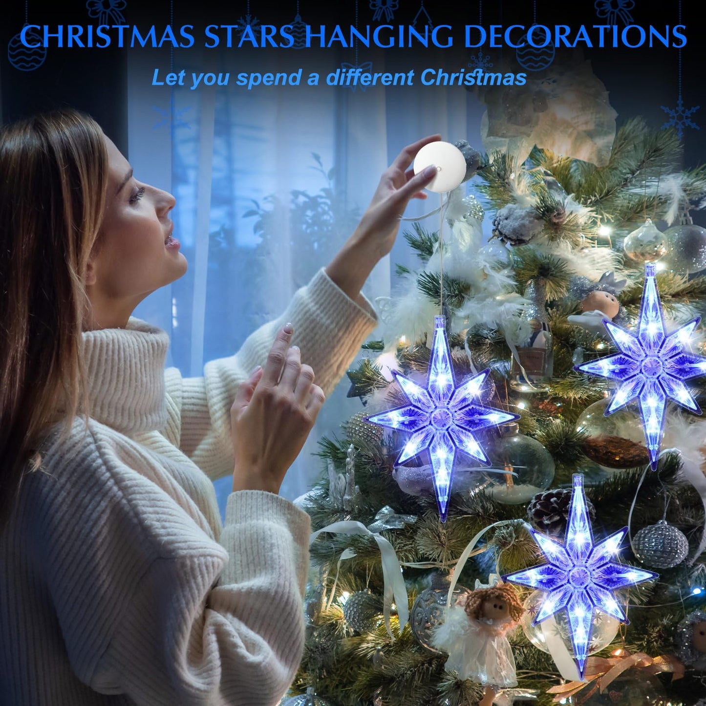 VIHOSE 3 Pcs 10.6 Inch Bethlehem Christmas Window Lights Plastic LED Lighted Christmas Window Silhouette Lights Large Hanging Xmas Tree Ornaments (Blue)