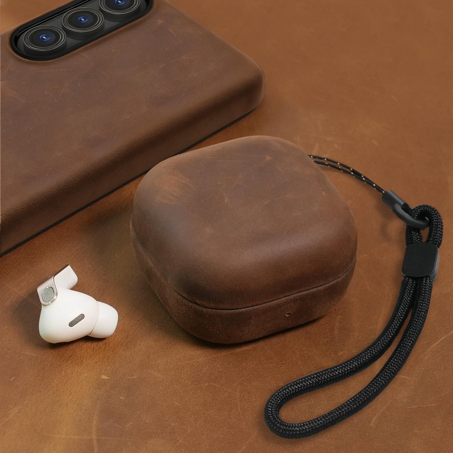Bouixel for Samsung Galaxy Buds 4 Pro/Galaxy Buds 4 Case (2026), Handcrafted Crazy Horse Genuine Leather Protective Cover Accessories with Lanyard, Microfiber Lined