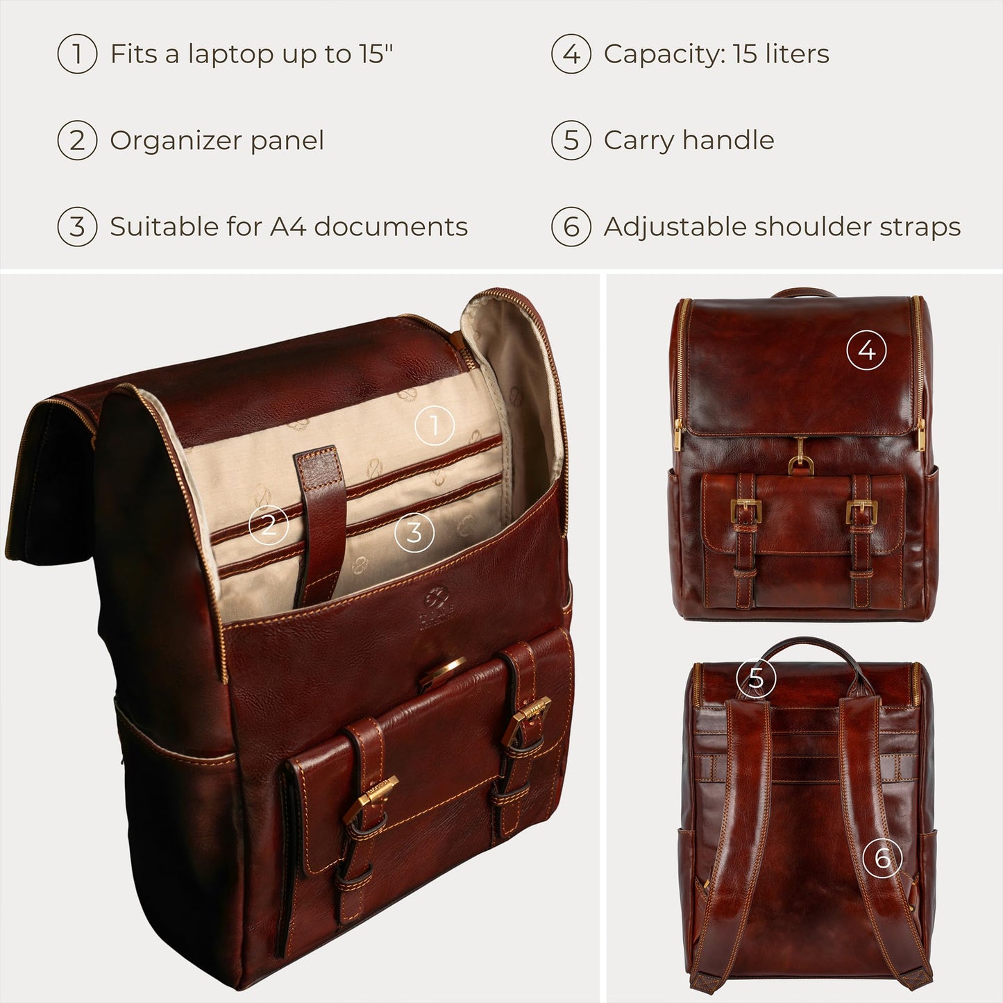 Time Resistance Leather Backpack - Laptop Travel Bag Rucksack up to 15” - Bag for Men and Women (Brown)