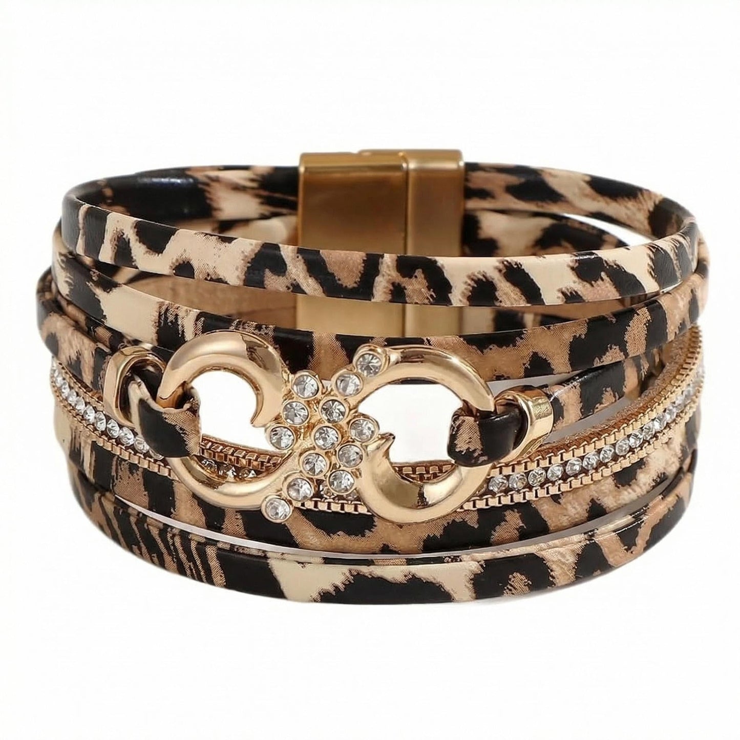 Hopeicy Leopard Bracelet for Women, Boho Leopard Print Wrap Bracelet with Rhinestone Gold Buckle, Magnetic Clasp Layered Leather Cuff Bracelet, Cheetah Print Jewelry Fashion Accessories Gift for Women