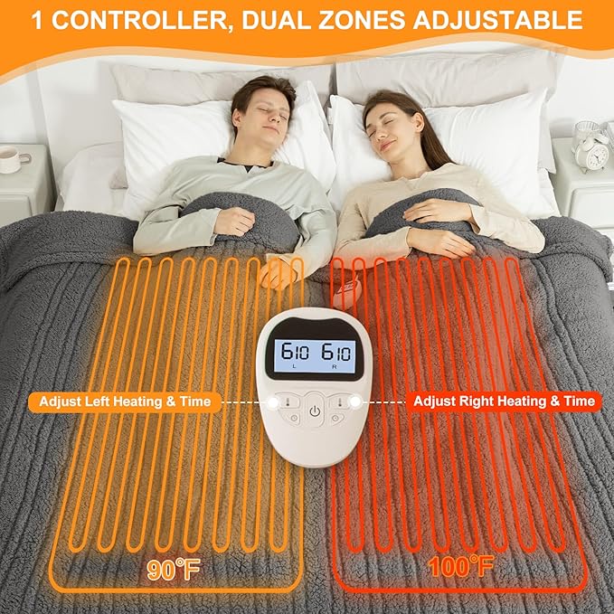 Heated Blanket King Size Single Control - 100"X90" Soft Double Sided Sherpa Electric Blanket with 6 Heating Levels & 10 hrs Timer Settings, Washable & ETL Certified for Bed, Grey