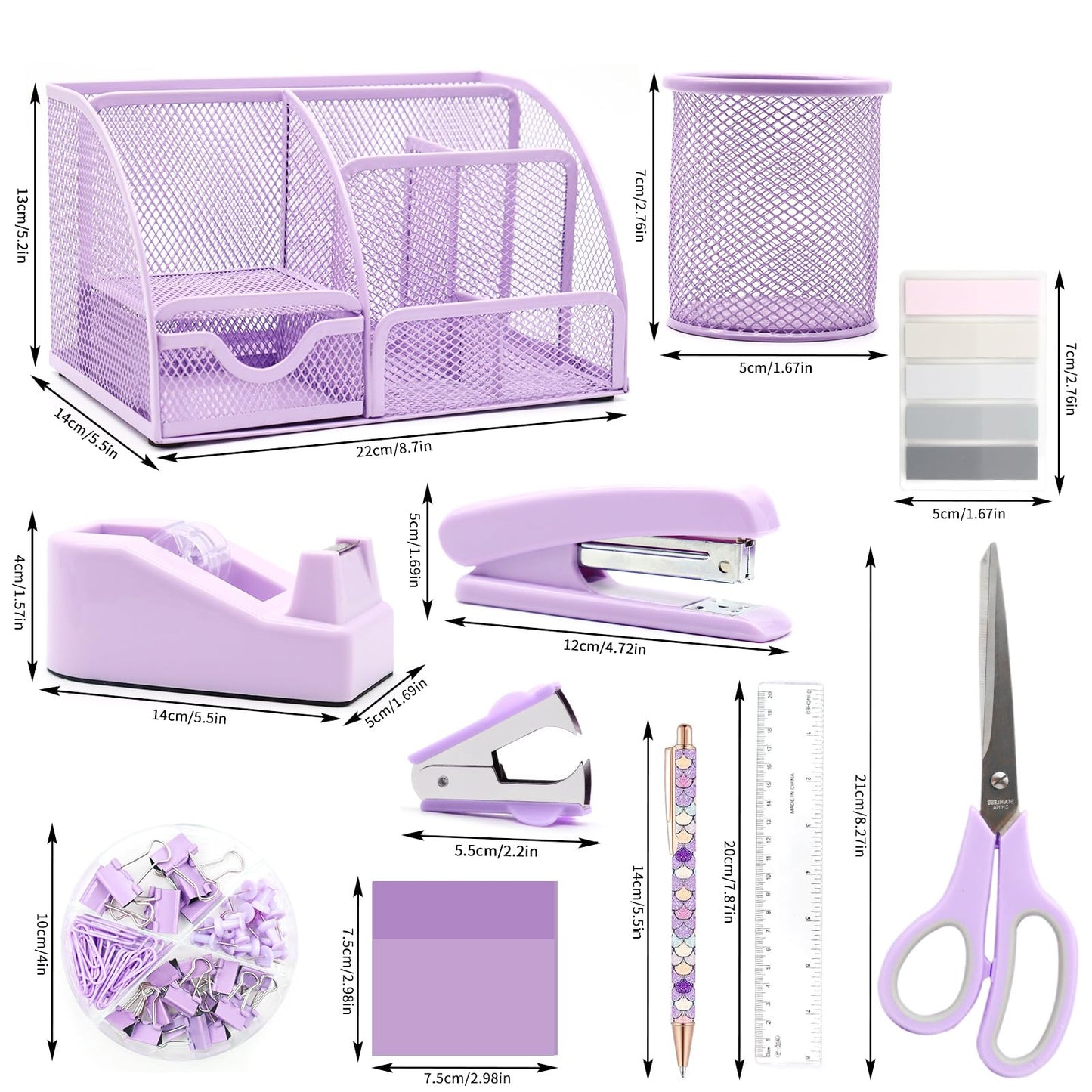 Purple Desk Organizers and Accessories,12pcs Office Desk Accessories Supplies,With Pen Holder, Tape Holder, Stapler, Scissors, Ruler, Staple Remover for Home & School, Office Supplies Gift for Women