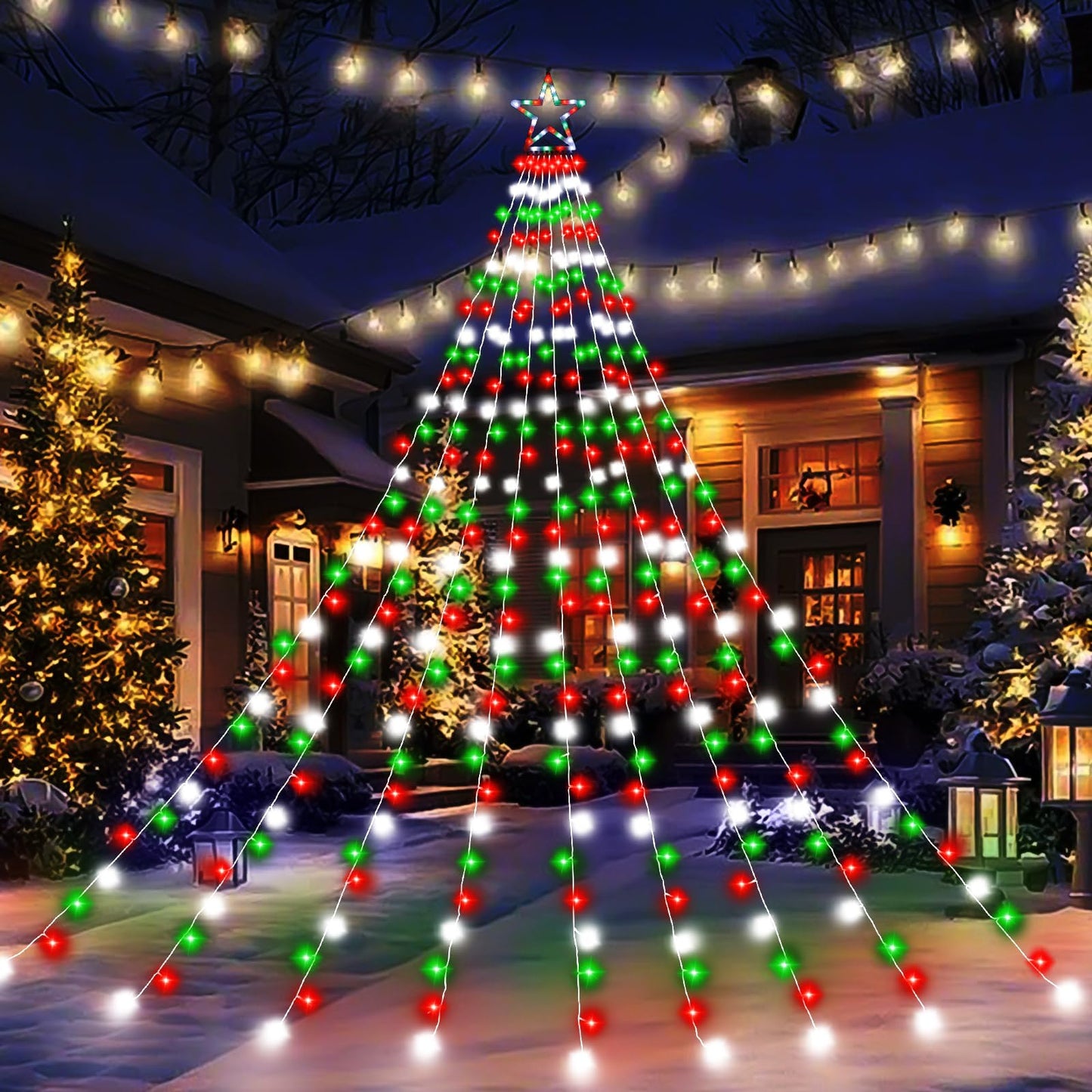 Christmas Decoration Lights, Outdoor Christmas String Lights 320 LED 11.5 Ft Waterfall Tree Light with Big Star Topper 8 Light Modes for Xmas New Year Holiday Garden Yard Indoor Outdoor Decor